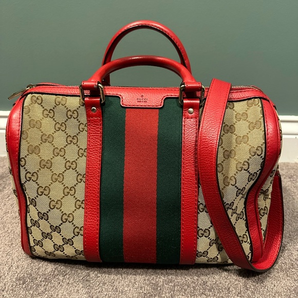 Gucci Handbags - Gucci Boston bag brown monogram with red leather